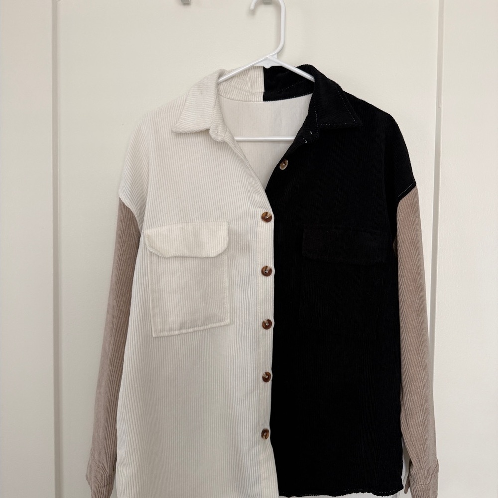 Color Block Button Up Shirt - Black, White, and Tan